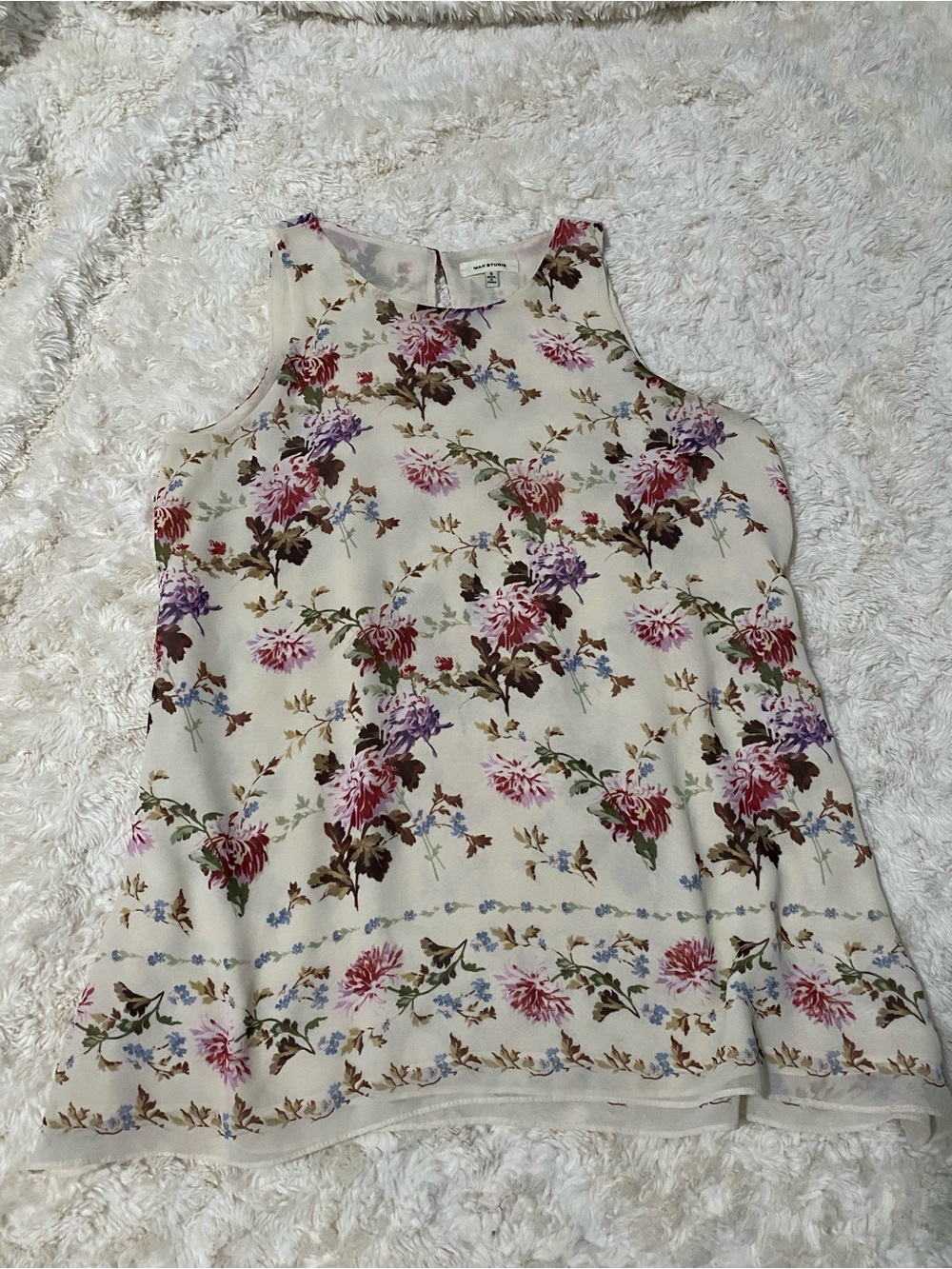 Max Studio Cream Floral Sleeveless Tunic with Pink & Purple Blooms
